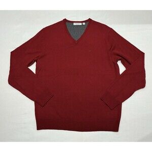 Calvin Klein Sweater Mens Medium Red 100% Italian Merino Wool V Neck Pullover